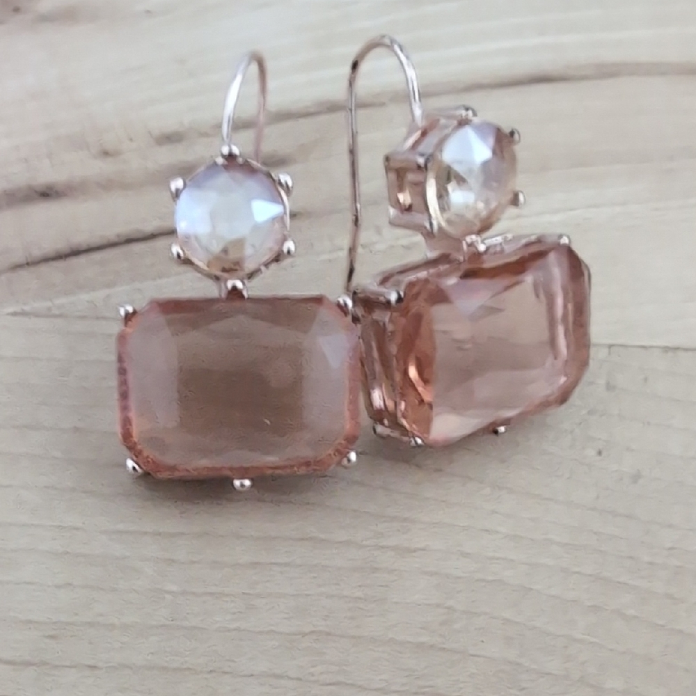 Rose Gold Glass Drop Earrings - Pink Crystal Dangle